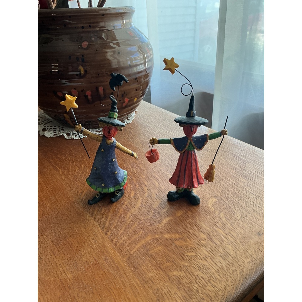 Folk Art Halloween Pumpkin Head Witch Figurines Set of 2 Wire Bat Broom Resin